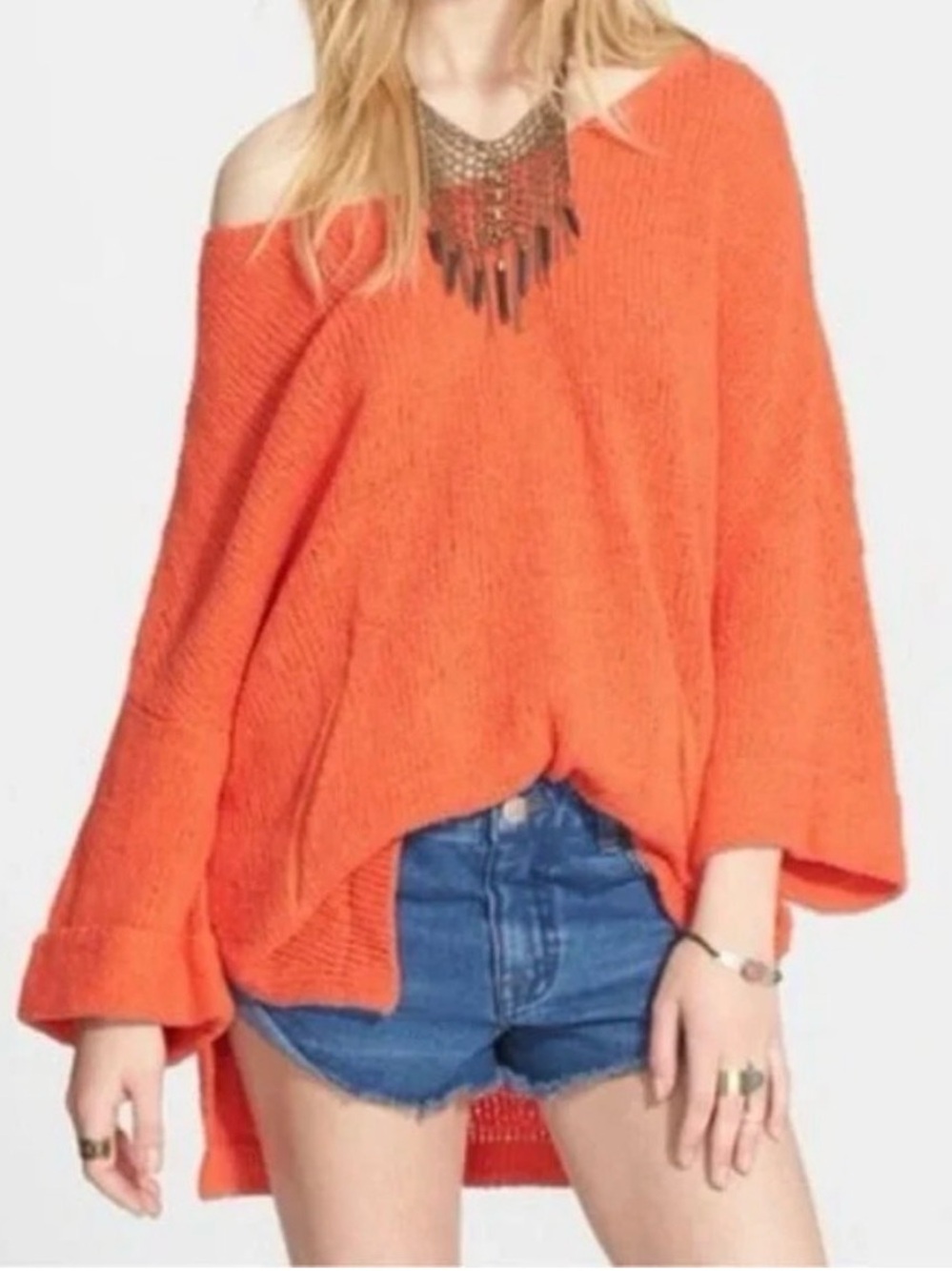 Free People Women's You Found Me V-Neck Oversized tangerine orange 🍊 sweater